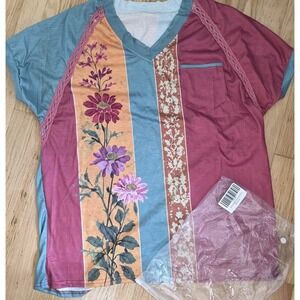 Cherry Betty Floral Colorblock V Neck Short Sleeve Top NEW